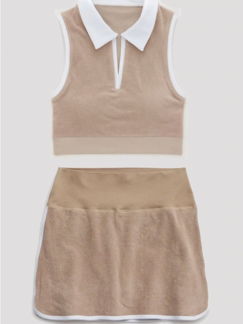 aerie Beige & White Two-Piece Polo Crop Top & Skirt Set
